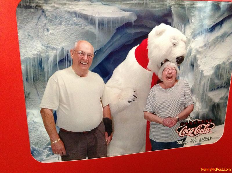 Grandma scared of the coke bear.